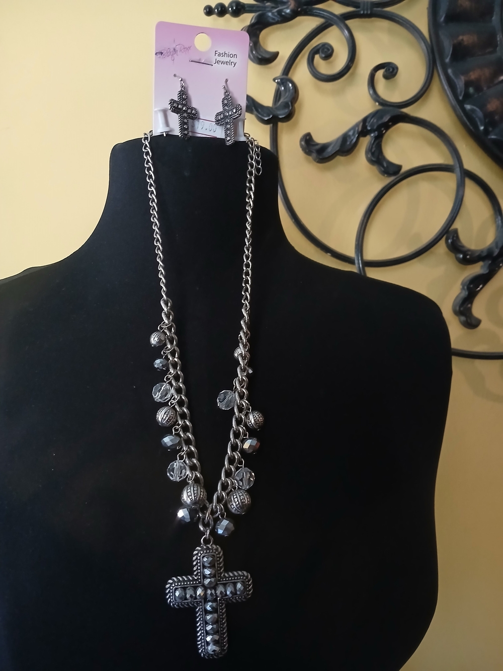 Blazin Roxx Silver-Tone Cross Necklace with Black Beads